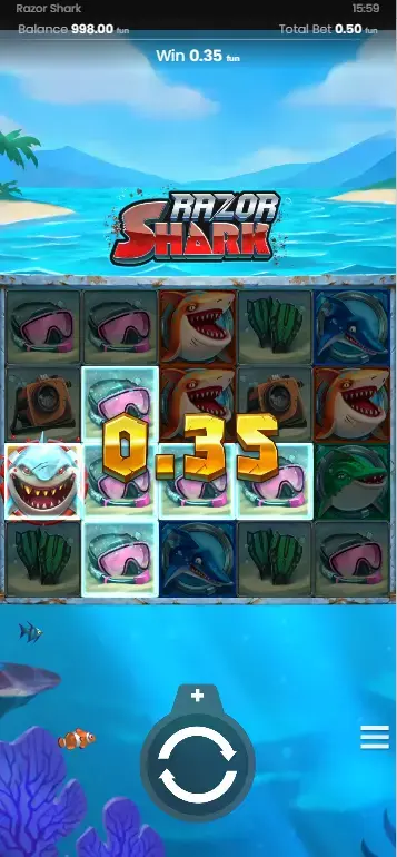 Razor Shark Slot im Portraitmodus auf Handy mit Mystery Stacks auf den Walzen und Spielsteuerung